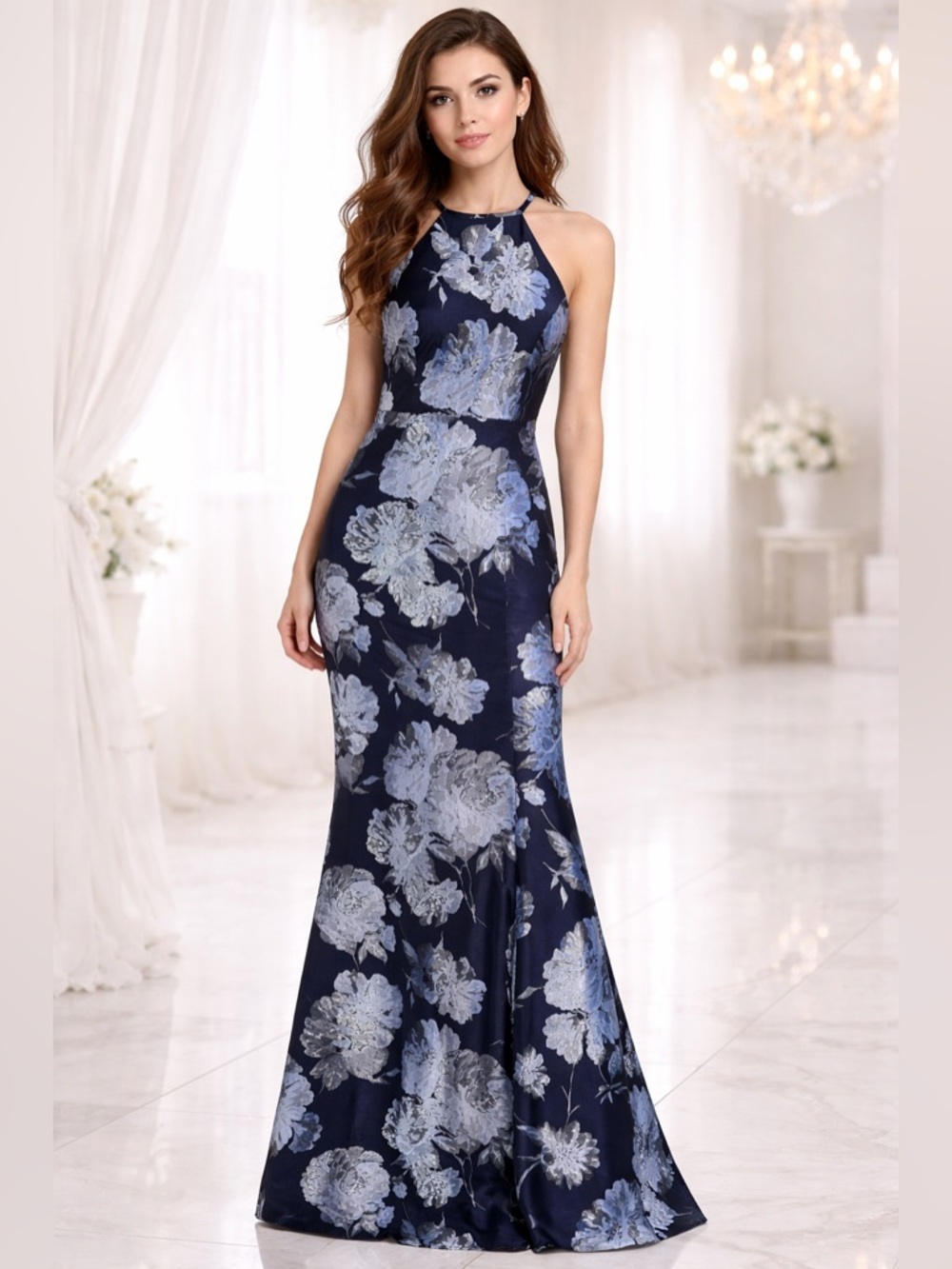 XScape - Ice Blue Floral/black Full Length Fit & Flare - Size 10 NWOT